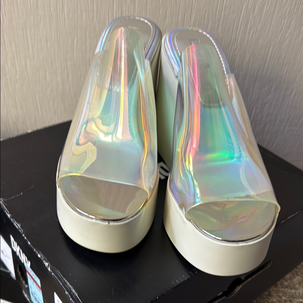 Dkny Silver and White Platform Sandals with Iridescent Finish